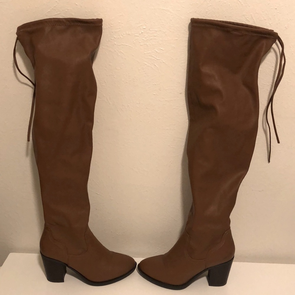 Tan Thigh High Heeled Boots